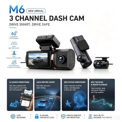 3 قنوات AI 4G Dash Camera 4K Front، ADAS و DMS، تعقب GPS، مراقبة مواقف السيارات على مدار الساعة
