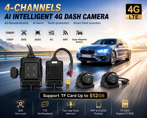 كاميرات الدرج الأمامية والخلفية 4CH ADAS DMS مسجل الفيديو التلقائي مع 4G GPS WIFI كاميرا مغناطيسية للشاحنة