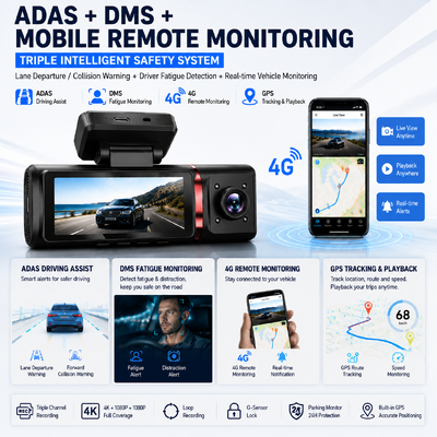 3 قنوات AI 4G Dash Camera 4K Front، ADAS و DMS، تعقب GPS، مراقبة مواقف السيارات على مدار الساعة