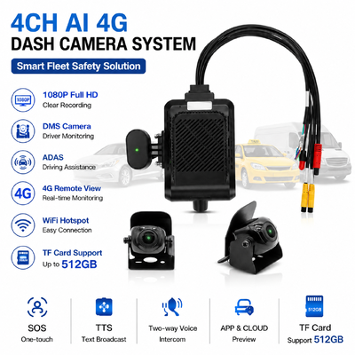 4-قناة الذكاء الاصطناعي الكاميرا الذكية 4G، ADAS + DMS + BSD السلامة النشطة، 1080P + 720P التسجيل للسيارات الأجرة