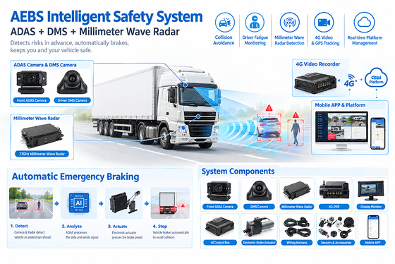 5G/4G Connected Fleet Telematics System: AI MDVR Dashcam Recorder with 77GHz Radar AEBS Digital Brake Motor ADAS DMS Alarm
