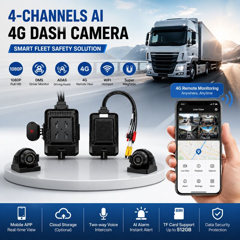 24 فولت 4CH AI Dash Cam Kit كاميرا أمن المركبات DVR مع كاميرا جانبية DMS ADAS BSD للشاحنة / الحافلة