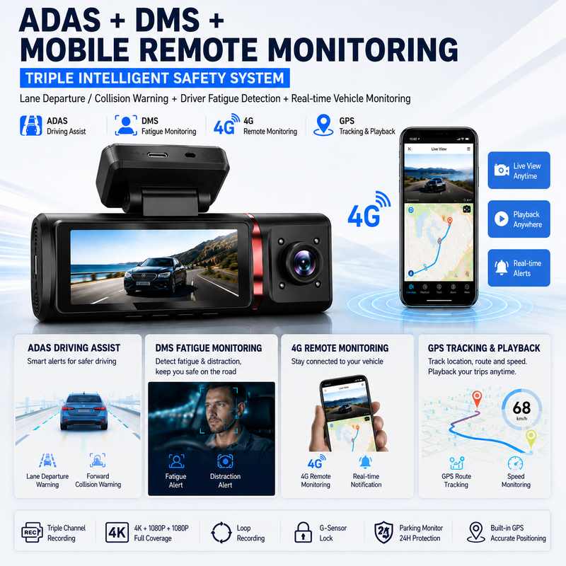 3 قنوات AI 4G Dash Camera 4K Front، ADAS و DMS، تعقب GPS، مراقبة مواقف السيارات على مدار الساعة